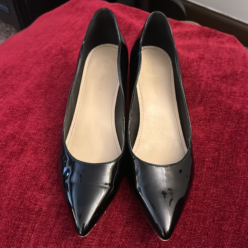 Marc Fisher Black Patent Leather Pointed-Toe Kitten Heels - Women's Pumps - Picture 2 of 10